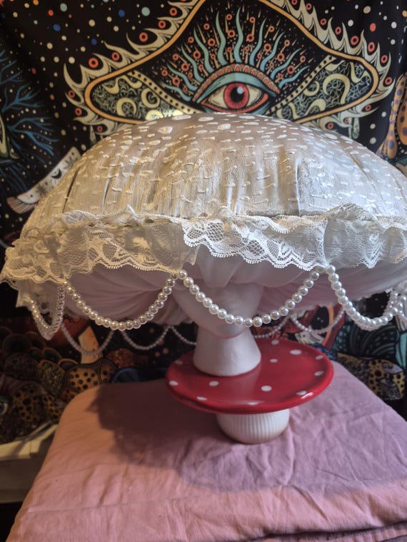 Realistic style mushroom hat. perfect for Renaissance faire, parties, events, festivals. hand sewn pearl beads brown sun hat.