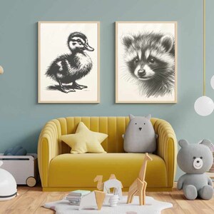 Woodland Baby Animal Gallery Wall Set of 5 Prints, Nursery Decor, Printable Art, Vintage Sketch, Baby Room Art