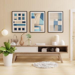 Set of 3 Minimalist Wall Art Prints, Blue & Beige, High-Resolution Digital Downloads, Modern Home Decor
