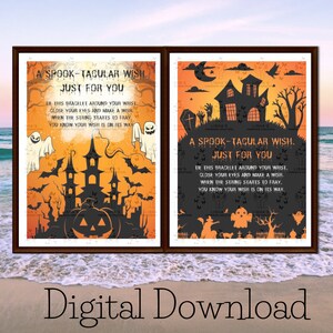 以下が含まれることがあります： ハロウィーンをテーマにした2枚の長方形のカード。左のカードはオレンジ色の背景に黒い城、カボチャ、幽霊が描かれています。右のカードは黒い背景にオレンジ色の城、月、コウモリが描かれています。どちらにも「A SPOOK-TACULAR WISH. JUST FOR YOU.」というテキストが表示されています。