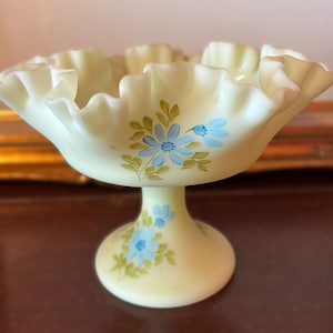 Fenton Hand-Painted Blue Daisies on Custard 8&quot; Footed Compote