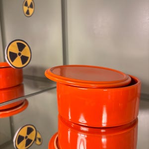 DANGER! (Just kidding!) RARE Near-Mint Fiesta Kitchen Kraft *Radioactive Red* Refrigerator Jar. Collector’s Item from a Bygone Era.