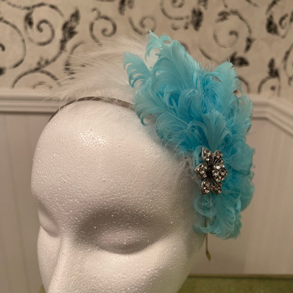 Feather and Brooch Fascinator Headband - Vintage Inspired - Bride’s Something Blue - 1920s - Hollywood Glamour - Burlesque