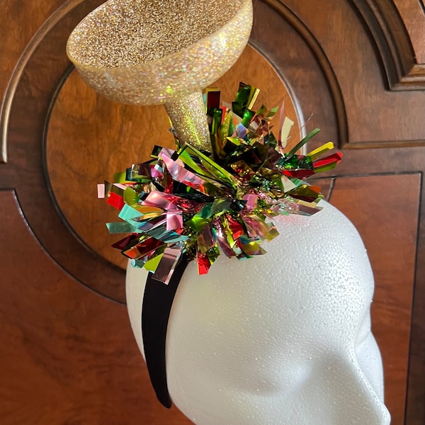 Glitter Champagne Glass Fascinator Headband - New Year’s Eve - Cocktail Party Party - Mardi Gras - Las Vegas - Burlesque - Christmas Party