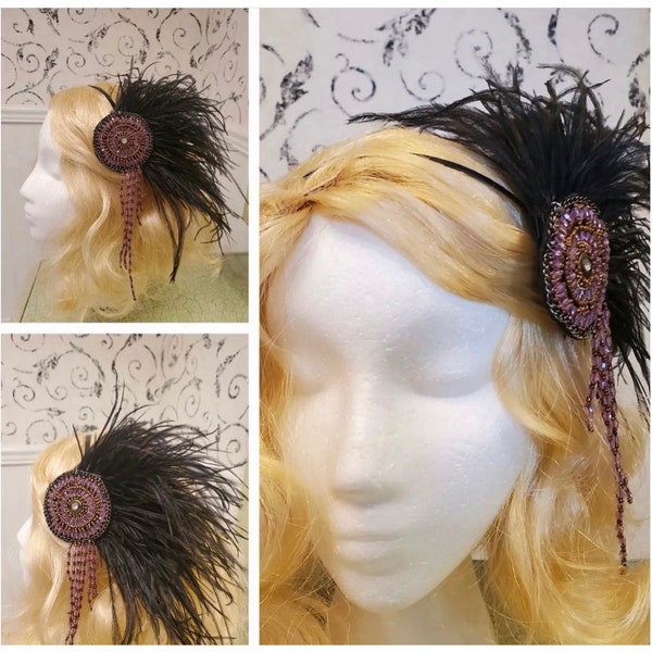 Beaded Applique and Feather Headband - Old Hollywood - Vintage Inspired - 1920s - Flapper - Showgirl - Prohibition - Burlesque