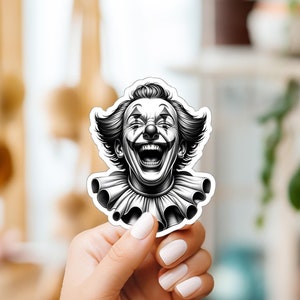 Laughing Clown Sticker, B&W Sticker, Circus Clown Sticker, Halloween Sticker, Bookish Sticker, Gothic Sticker, Phone Case Sticker