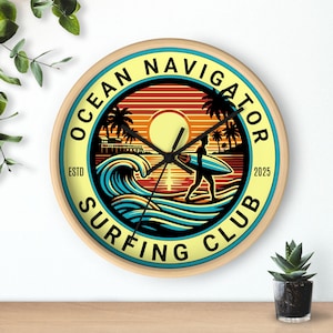 Personalized Custom Surfing Club Wall Clock - Ocean Navigator Themed, Beach Decor, Retro Style, Gift for Surfers, Coastal Home, Summer Vibes