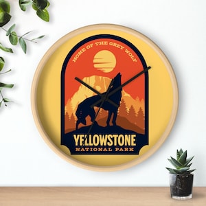 Yellowstone National Park Wall Clock - Home of the Grey Wolf, Rustic Decor, Nature Lover Gift, Wildlife Clock