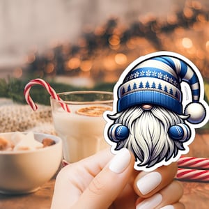 Festive Christmas Gonk Stickers, Winter Holiday Decals, Festive Snowflake Sticker Pack, Playful Blue Hat Stickers, Unique Gift Wrap
