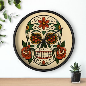 Day of the Dead Wall Clock - Colorful Sugar Skull Design, Home Decor, Unique Gift for Halloween, Birthday, Weddings, Celebrations
