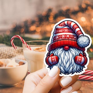Festive Christmas Gonk Sticker, Holiday Gift Wrap Personalization, Festive Cheerful Decor, Red and White Pattern, Mystery and Fun
