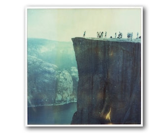 Old Polaroid of Pulpit Rock in Norway, SX70, Polaroid Photography, Preikestolen, Mountains, Fjords in Norway, SX 70, People on the cliff