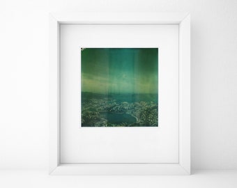 Bergen, Norway, Old Polaroid, SX70, Photography, Ulriken, Sea, Print, Landscape, Calm, Green, Turquoise, Color, Cityscape, Line, Horizon