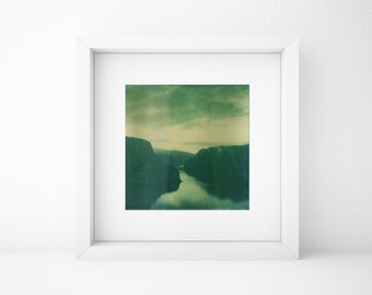 Norway, Old Polaroid, SX70, Photography, Fjord, Cliffs, Mountains, Sea, Print, Landscape, Calm, Green, Turquoise, Sunset, Color, Contrast