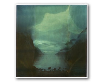 Norway, Old Polaroids, SX70, Polaroid Photography, Dark Fjord, Cliffs, Mountains, Fjord, SX 70, Landscape Photography, Clouds, Calm Morning