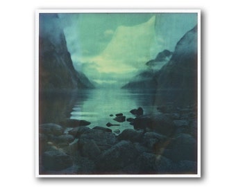 Old Polaroid of a Norwegian Fjord, SX70, Photography, Fjord, Cliffs, Mountains, Fjord, SX 70, Landscape Photography, Clouds, Calm Morning