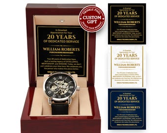 Custom Years of Service Watch - Work Anniversary Gift for Him, Corporate Staff Appreciation, Personalized Service Award 20 Years Recognition