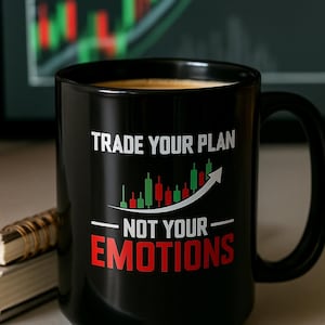 Pode incluir: Caneca de café preta com o texto "TRADE YOUR PLAN NOT YOUR EMOTIONS" em branco e vermelho. A caneca tem uma alça preta e um gráfico de seta branca. Um gráfico de ações é visível no fundo.