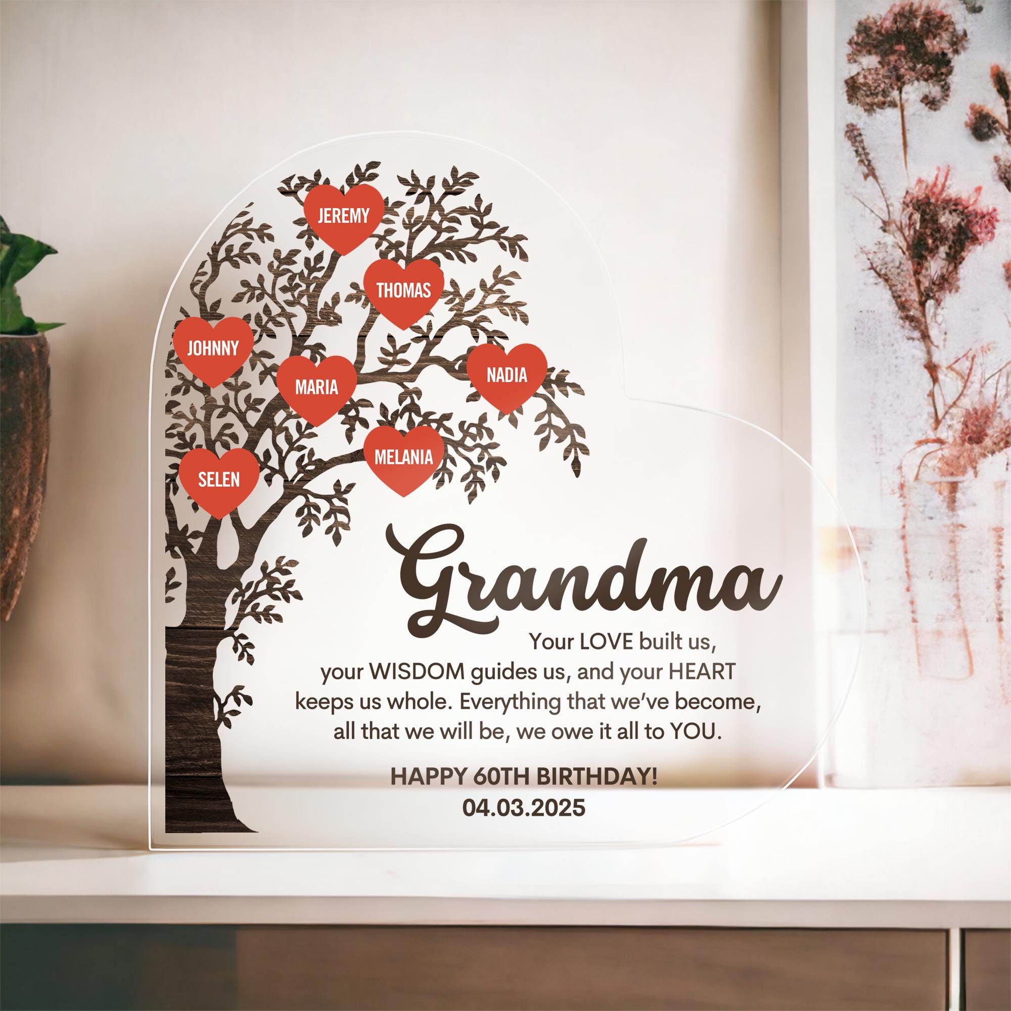 Custom Grandma Family Tree Heart Plaque – Personalized Grandchild Name ...