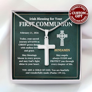 May include: A silver cross pendant necklace displayed on a dark green card with the text "Irish Blessing for Your First Communion". The card includes the date February 21, 2026, and the name "Benjamin". A red and white circular sticker reads "Twinkle Pixel Custom Gift".