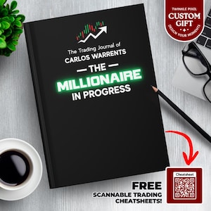 Może przedstawiać: Czarny dziennik zatytułowany "The Trading Journal of Carlos Warrents - The Millionaire in Progress" z zielono-białą grafiką. Widoczny jest również ołówek, filiżanka kawy i laptop. Dołączony jest kod QR.