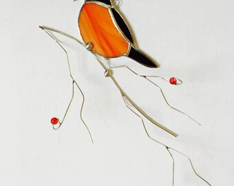 Favorite backyard bird American Robin on 3-D branch stained glass sun catcher