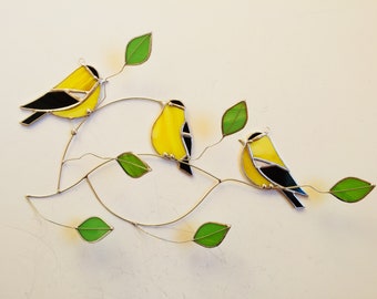 American goldfinch trio group stained glass suncatcher , birds on a 3 dimentional wire branch adorned with glass leaves