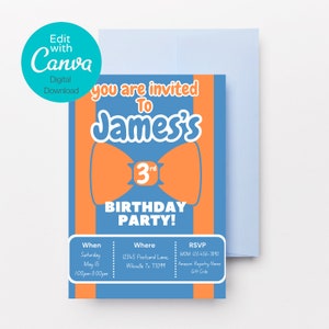 INSTANT DOWNLOAD Digital Birthday Invitation Blue and Orange Customizable Canva Template