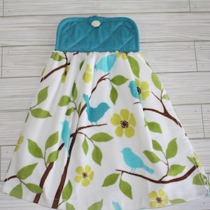 Hanging Potholder Kitchen Towel, Turquoise Potholder with Beautiful Birds On Branch