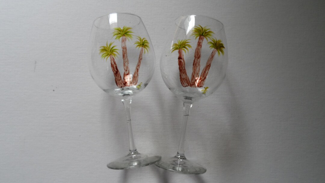 Wine Glasses Palm Tree Wine Glasses Hand Painted Palm Tree Etsy