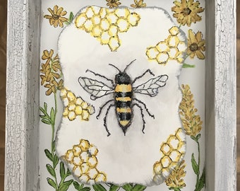 Bee Painting, Painted Bee, Wildflowers, Dimensional Art