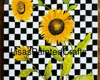 Black and White Checked Sunflower Painting, Sunflower Art