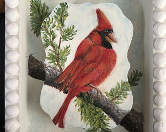 Dimensional Cardinal Painting: Hand-Painted Shelf Sitter with Clay Bead Frame