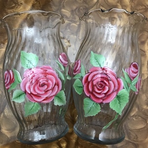 Rose Vases Set of 2, Hand Painted Glass Rose Vases
