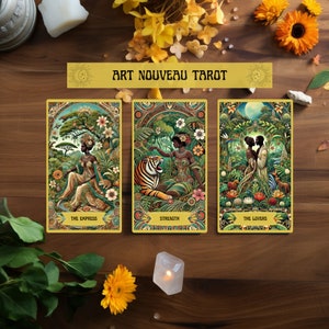 Etherische reizen: art nouveau Afro-Amerikaanse tarotkaarten flora fauna moeder natuur keizerin priesteres dwaas zon traditionele zwarte vrouwen