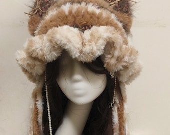 Gorro de medusa con sabor a latte de calabaza, gorro con volantes, gorro con orejas de gato, gorro de ganchillo, gorro, regalo para ella