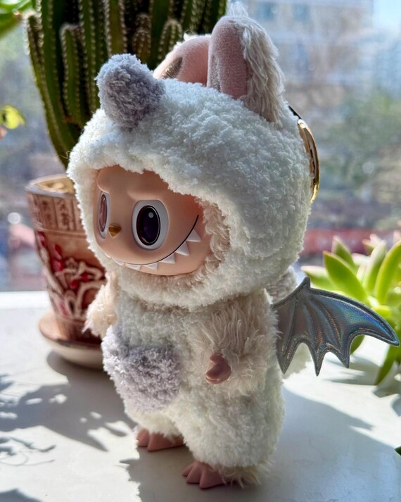 Handmade Labubu Dragon Outfit – Zimomo outfit Fuzzy White Costume with Metallic Wings & Plush Tail