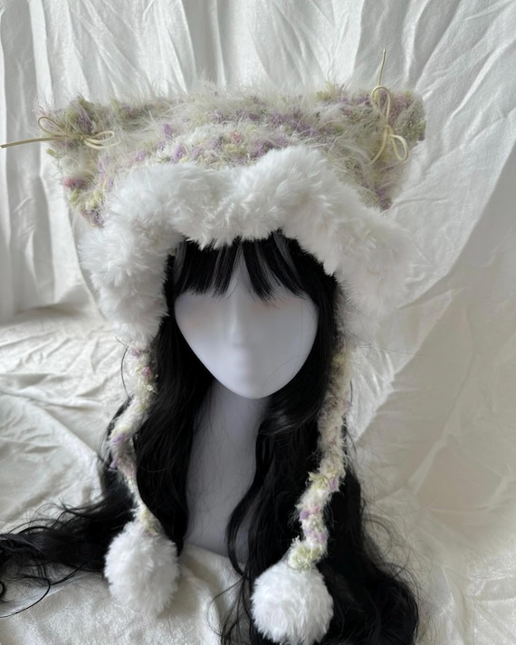 Handmade Fluffy Cat Ear Winter Hat: Faux Fur Pom Pom Beanie  display picture 1