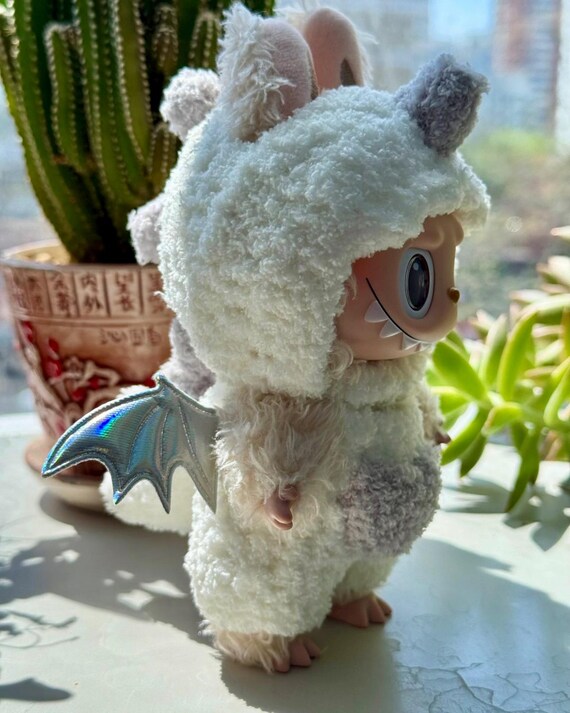 Handmade Labubu Dragon Outfit – Zimomo outfit Fuzzy White Costume with Metallic Wings & Plush Tail