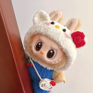Handmade Kitty Labubu Outfit | Handmade Doll Clothes with Hat, Overalls & Bag | Fits 17cmlabubu | Cute Cherry Detail