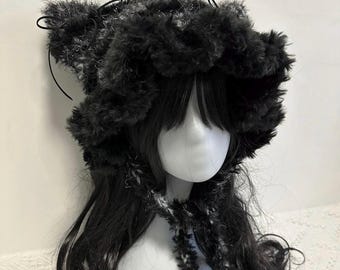 Gorro de medusa de noche oscura, gorro con volantes, gorro con orejas de gato, gorro de crochet, gorro, regalo para ella