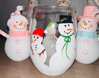 Snowmen Hand-Painted Stemless Wine Glass