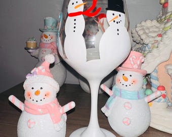 Snowmen Hand-Painted Burgundy Wine Glass
