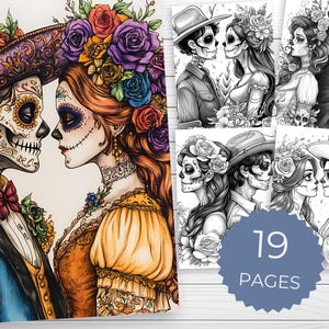 Paquete de 19 páginas para colorear de parejas del Día de Muertos / Arte del Día de los Muertos con gran detalle para adultos / Hermosas páginas para colorear en escala de grises / Descarga en PDF