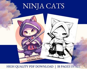 Ninja Cats Coloring Book | 18-Page Anime Art (Digital Download)