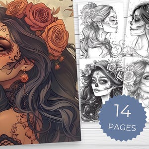 La Catrina kleurplaten grijstinten | 14 Dia de Muertos-afbeeldingen | Afdrukbaar kleurboek voor volwassenen | 300 dpi | pdf-download | Thuis afdrukken