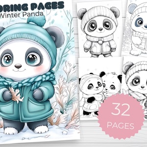Paquete para colorear de pandas de invierno / Escenas invernales acogedoras / Páginas fáciles de colorear para adultos y niños / Pandas lindos / Arte de pandas / Fantasía invernal / Panda