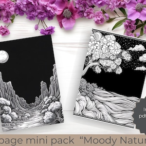 Könnte beinhalten: Zwei schwarz-weiße druckbare Seiten zum Ausmalen oder Basteln. Eine Seite zeigt eine mondbeleuchtete Canyonszene, die andere einen Baum mit fließenden Wellen. Der Text "Moody Nature" befindet sich am unteren Rand des Bildes.