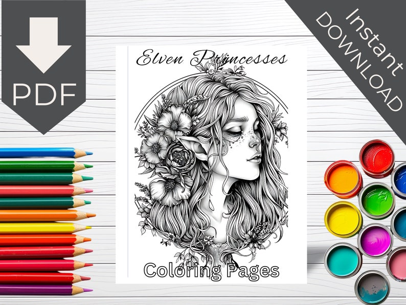 Elven Princess Coloring Pages. Digital Download. Stress Relief Coloring ...