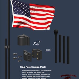 May include: A flag pole combo pack includes two clip bodies, a top and bottom flag pole holder, and a flag pole. The text "x2 plus" is visible in the image. The pack mounts perfectly on a rear grab bar.